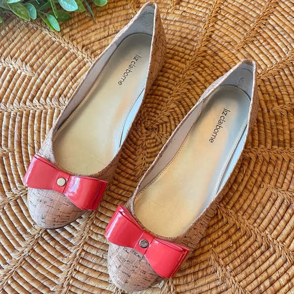 Liz Claiborne Shoes - {Liz Claiborne} Cork Flats with Coral Patent Leather Bow